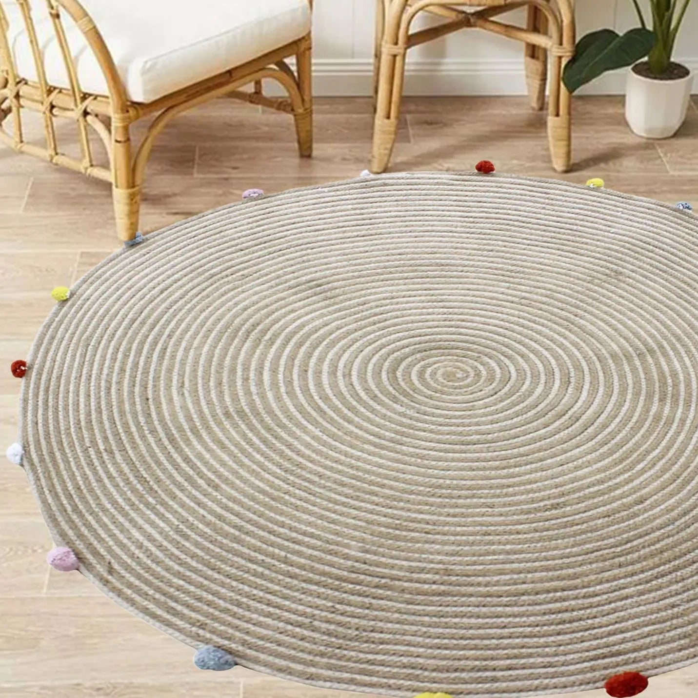 Round Woven Jute Cotton Multicolour Pompom Rug
