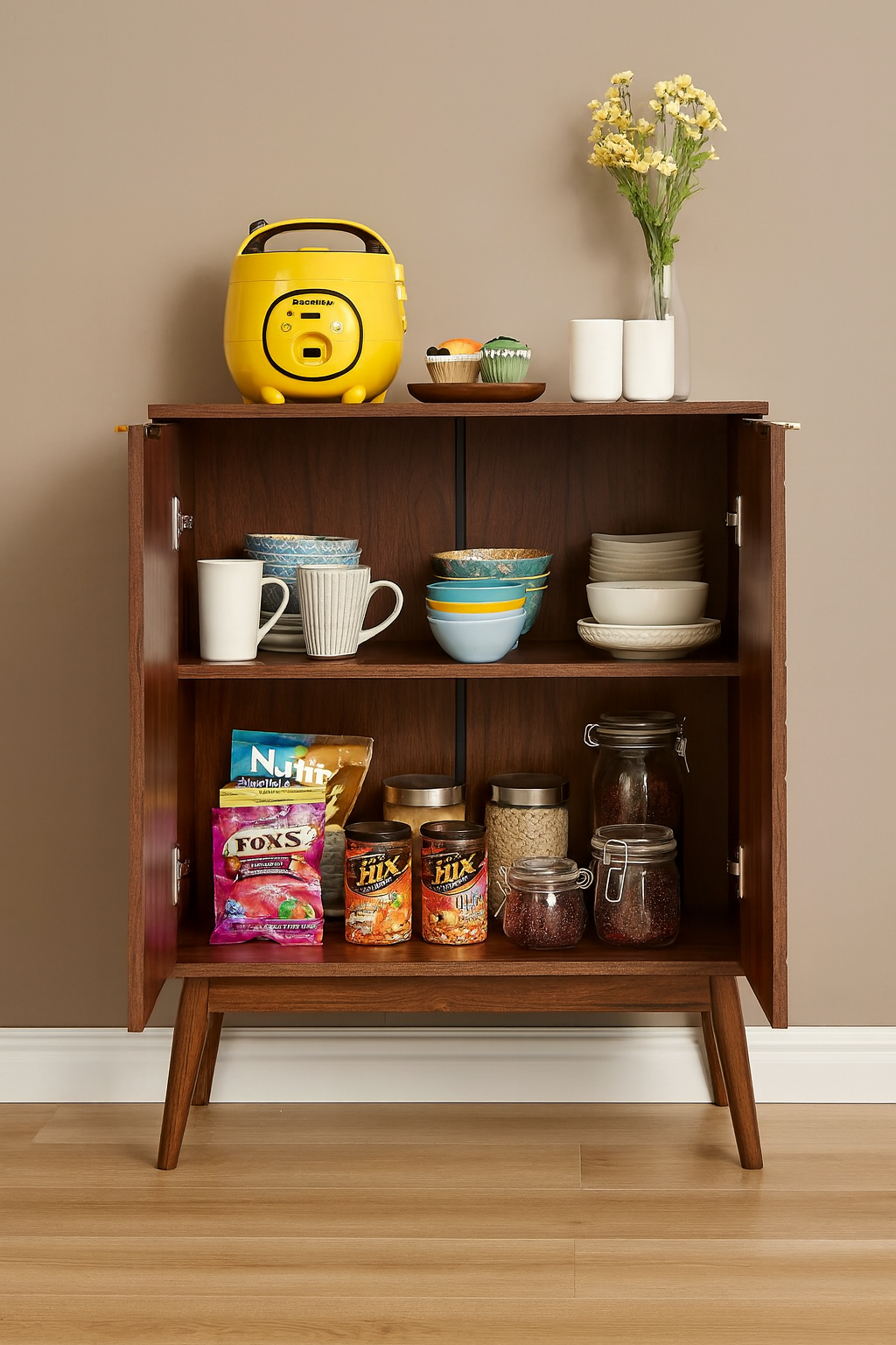 Mid-Century Modern Chevron Wood Storage Cabinet