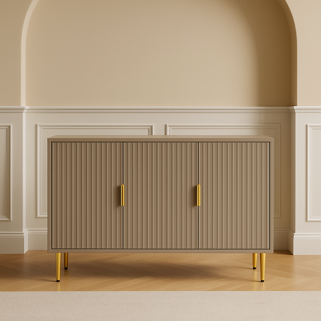 Modern Fluted Cabinet with Gold Accents – Taupe Finish
