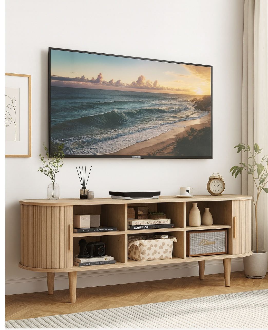 Modern TV Stand with Sliding Doors and Spacious Storage