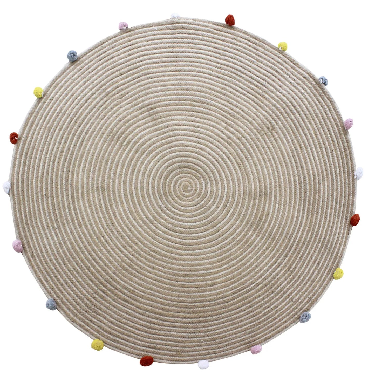Round Woven Jute Cotton Multicolour Pompom Rug