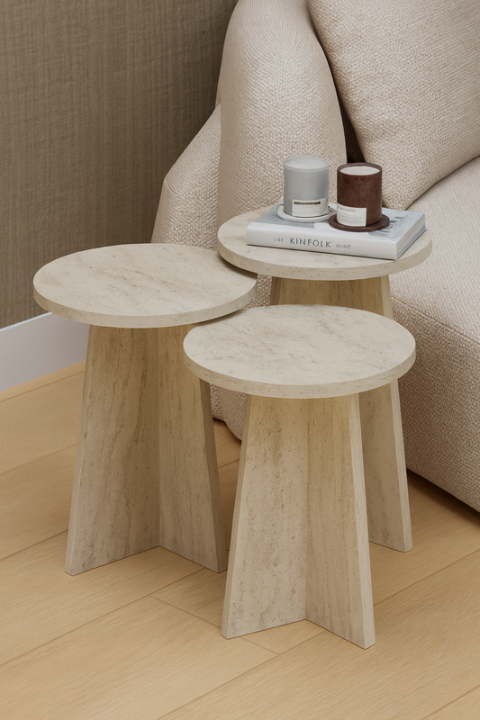 Modern Travertine Nesting Side Tables – Set of 3