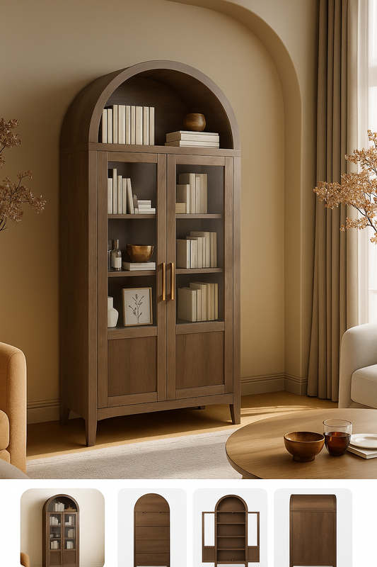 Tall Arched Kitchen Pantry Cabinet/ Bookcase with Glass Doors