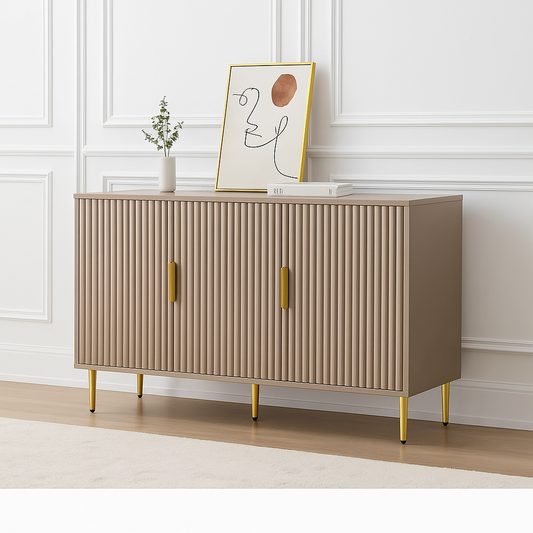 Modern Fluted Cabinet with Gold Accents – Taupe Finish