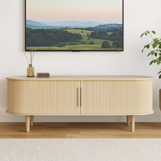Modern TV Stand with Sliding Doors and Spacious Storage