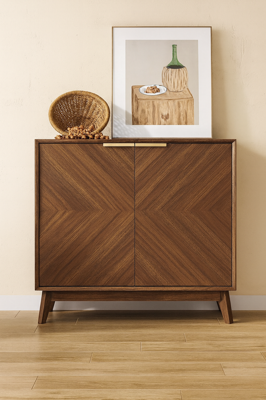 Mid-Century Modern Chevron Wood Storage Cabinet