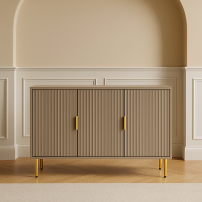 Modern Fluted Cabinet with Gold Accents – Taupe Finish